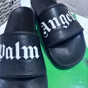 Palm Angels Black Slides with White Old English Logo